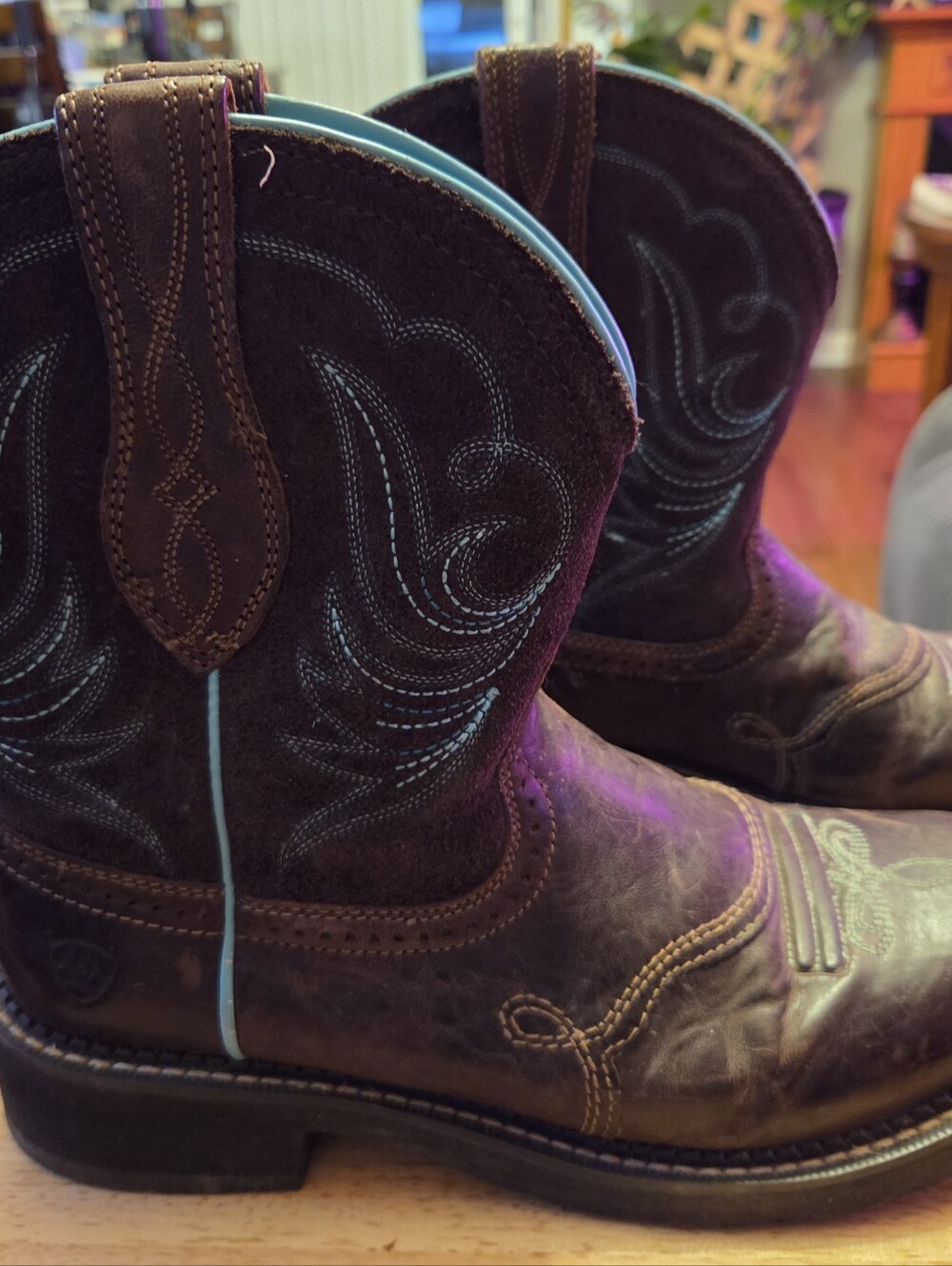 Ariat Leather Western Work Boots in Brown with Turquoise Stitching - Size 10B